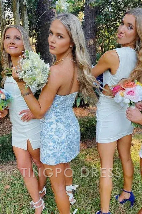 Elegant Elegant Sheath Short Strapless Floral Print Mini Dress with Belt Prom Dress